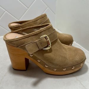 Steve Madden Hilde Suede Heel Clogs in tan with gold hardware and buckle